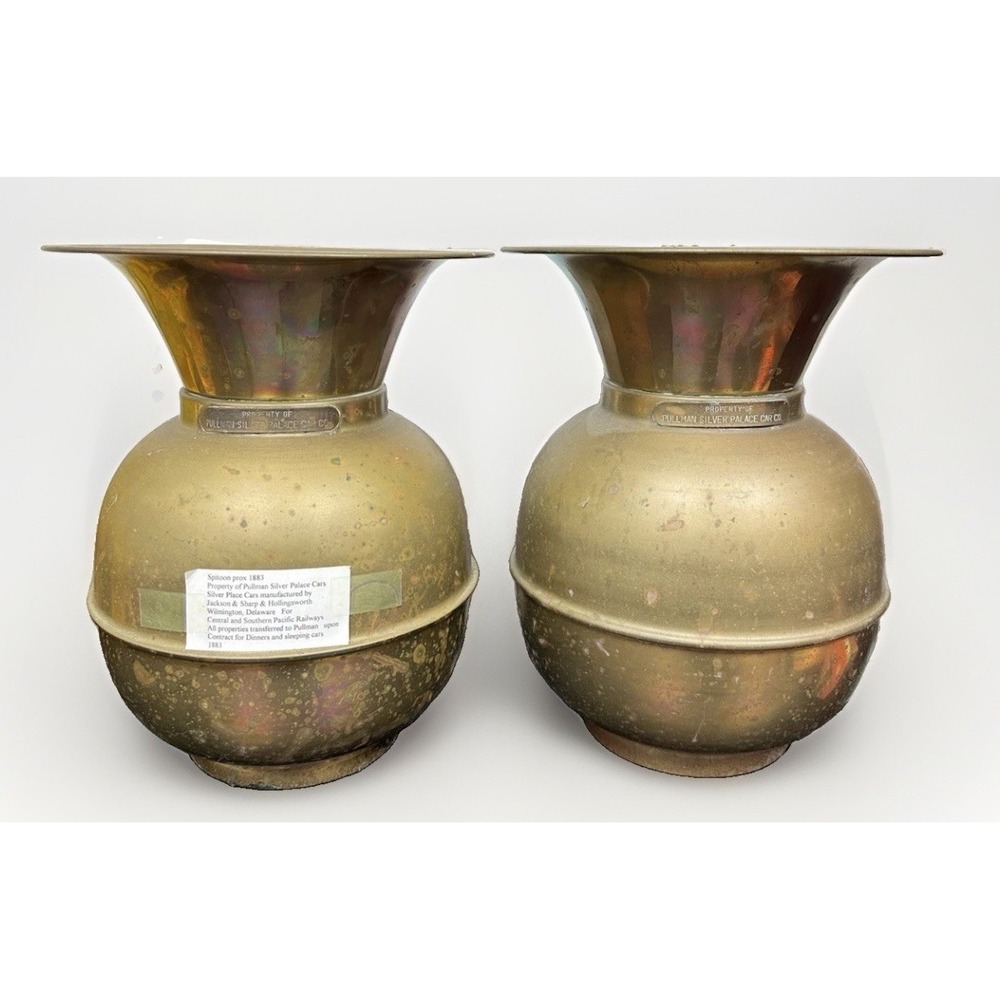 Pair Antique Pullman Silver Palace Car Co Brass Railroad Spittoons Cuspidors